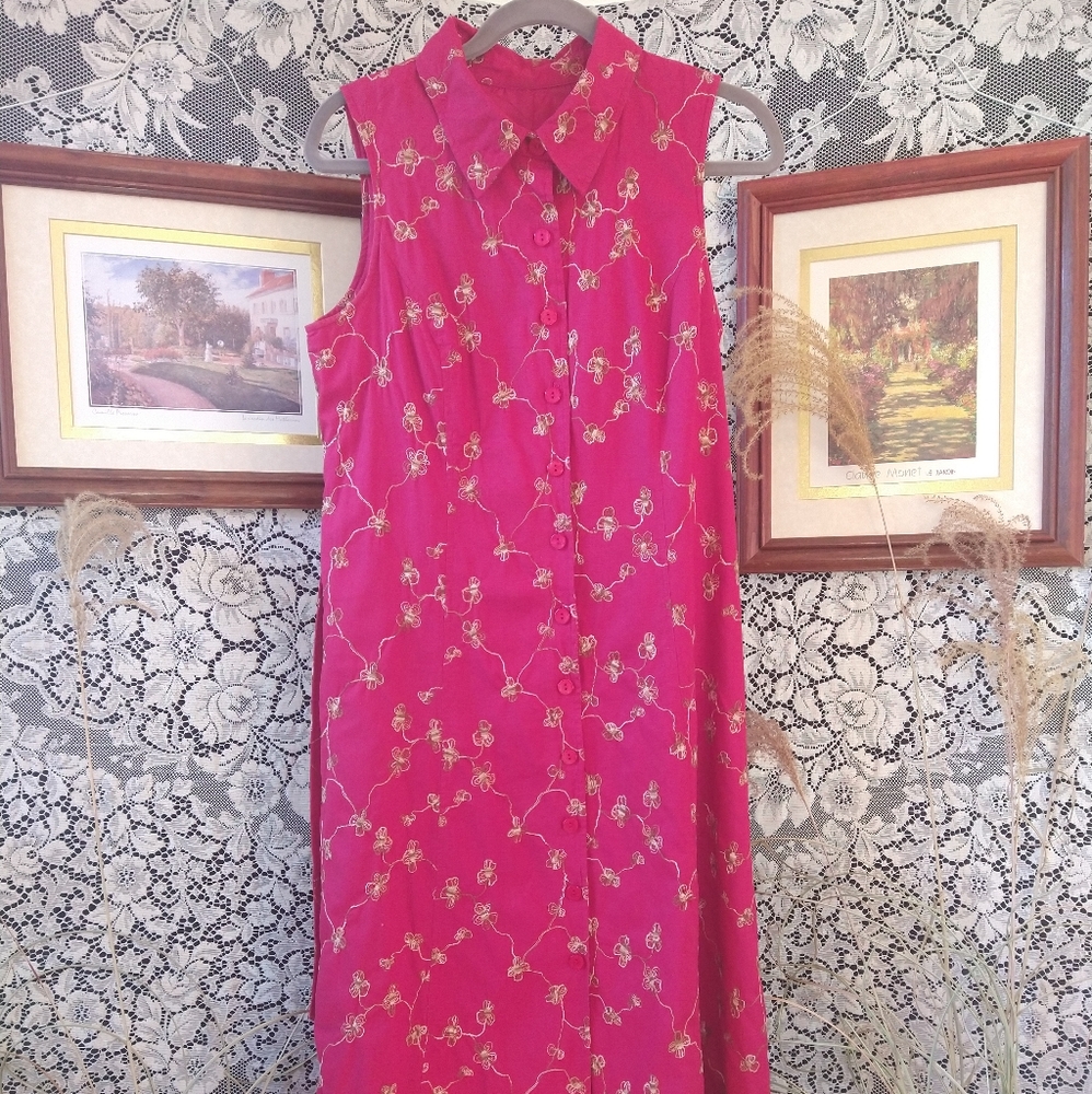 Susan Graver red beige midi dress embroidery floral collar belted button front